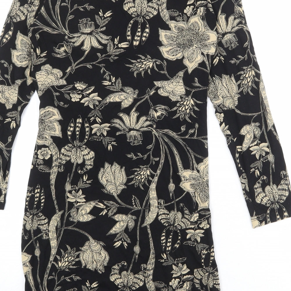 Marks & Spencer Womens Black Floral Viscose Sheath Size 10 Round Neck Pullover