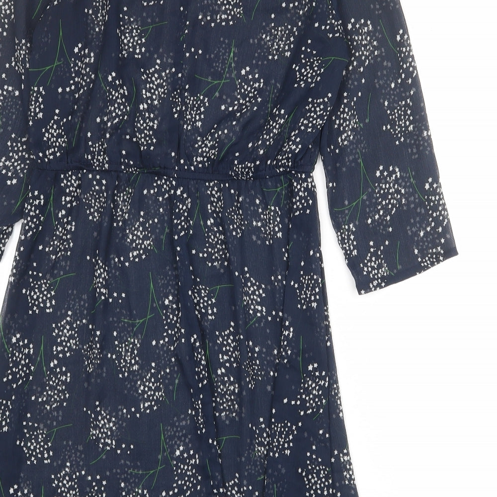 Limited Collection Womens Blue Floral Polyester A-Line Size 10 Round Neck Button