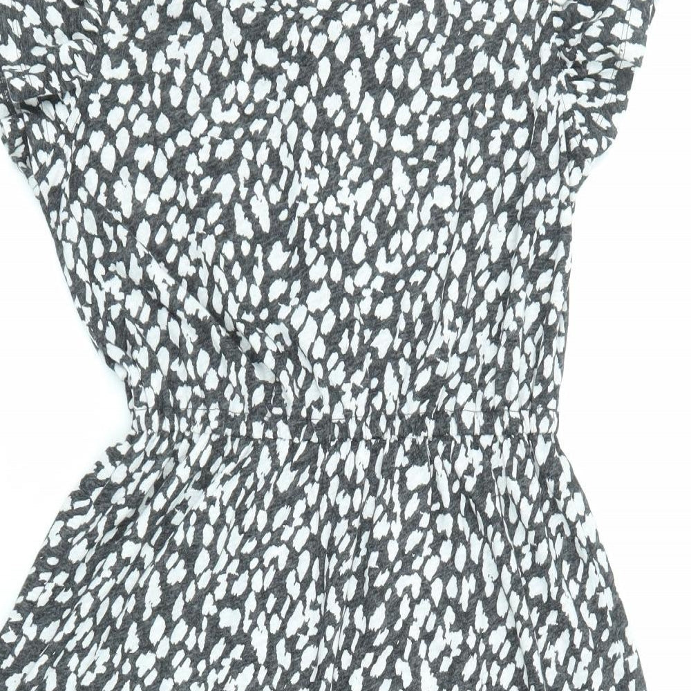 Marks and Spencer Womens Black Animal Print Linen Fit & Flare Size 6 V-Neck Pullover - Ruffle Sleeve