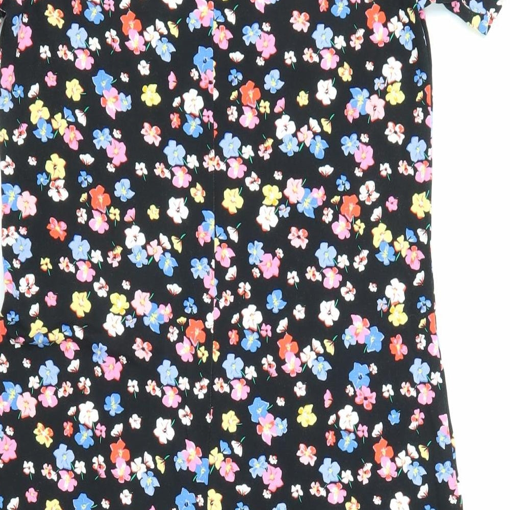 Marks and Spencer Womens Black Floral Viscose Shift Size 6 Round Neck Button