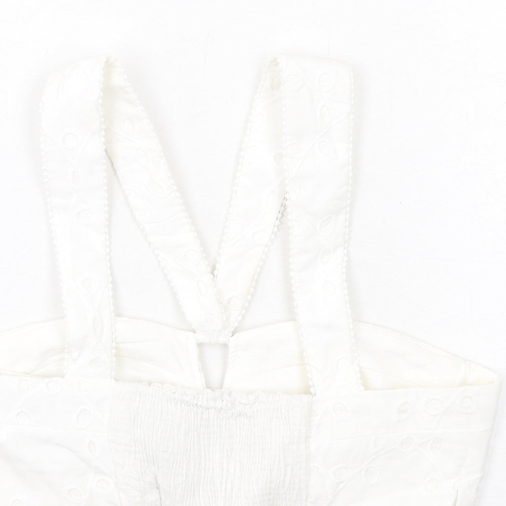 Zara Womens White Cotton Cropped Tank Size M V-Neck - Broderie Anglaise