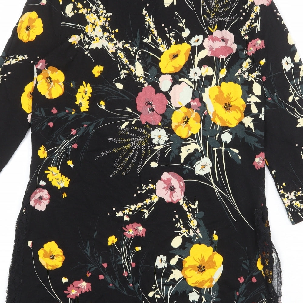 Marks & Spencer Womens Black Floral Viscose Tunic Blouse Size 10 Boat Neck