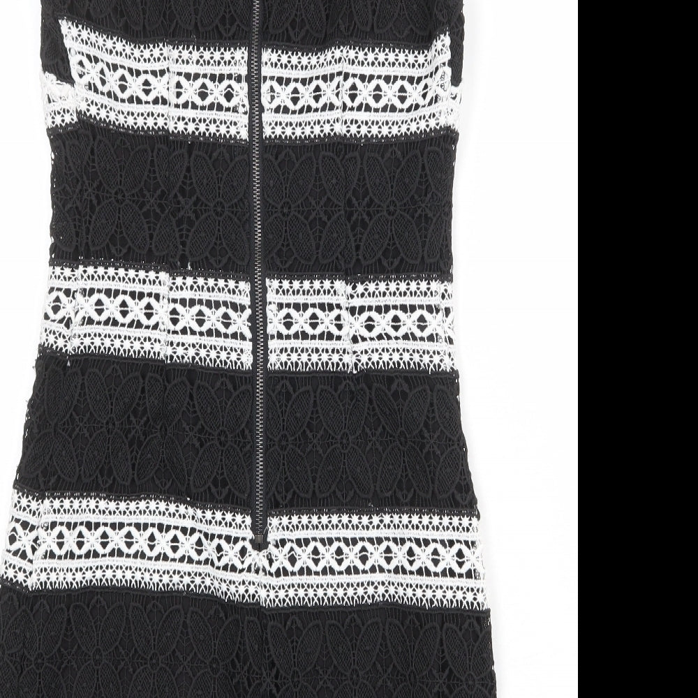 Topshop Womens Black Polyester Shift Size 8 Round Neck Zip - Crocheted Lace Overlay
