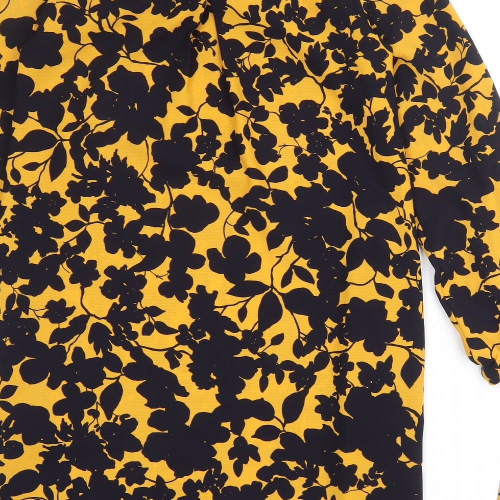 H&M Womens Orange Floral Polyester Shift Size 8 Round Neck Button - Tie Sleeve Detail