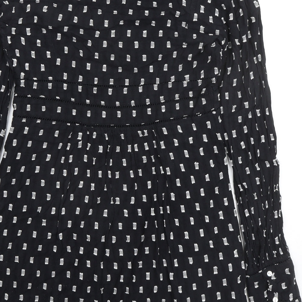 Zara Womens Black Geometric 100% Cotton A-Line Size XS V-Neck