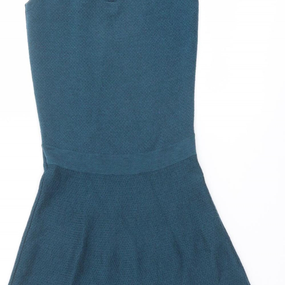 Clements Ribeiro Womens Blue Wool Skater Dress Size XS Boat Neck Zip - Embellished Neckline