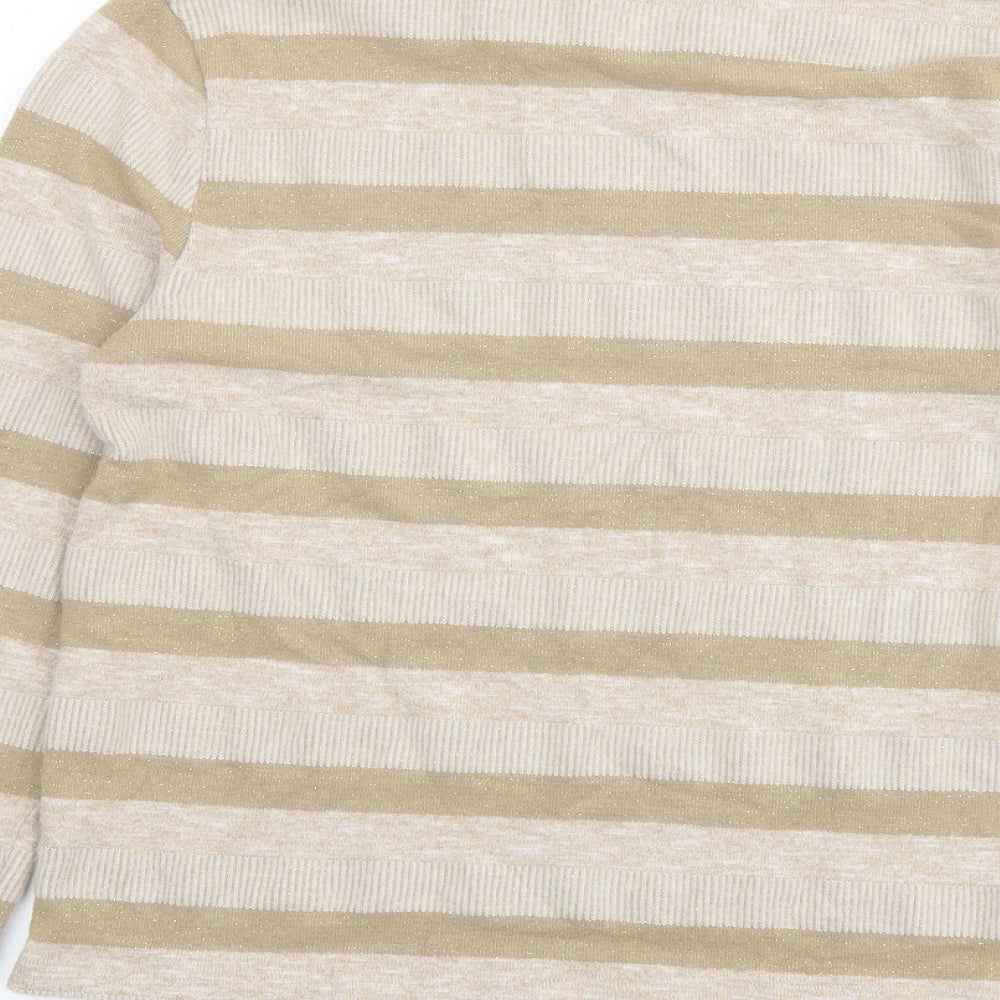 Marks & Spencer Womens Beige Round Neck Striped Polyester Pullover Jumper Size 14