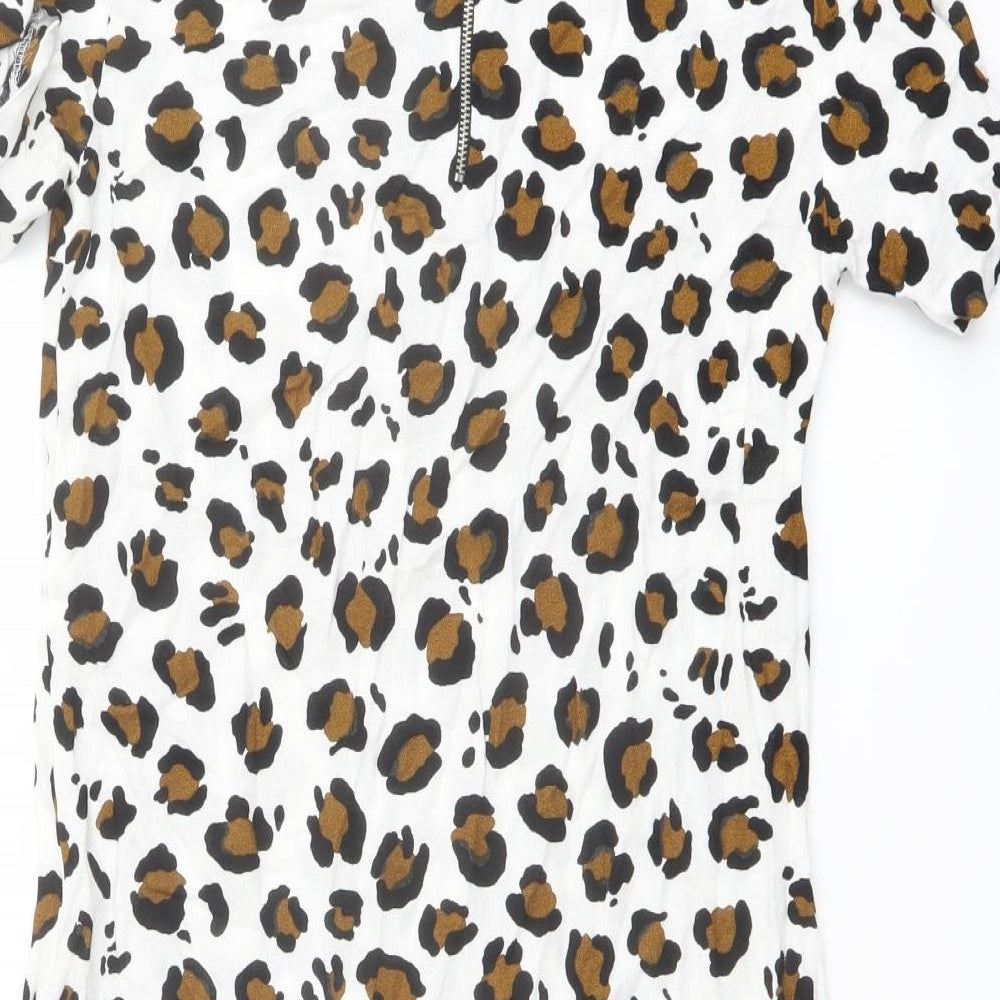 Zara Womens White Animal Print Polyester Shift Size XS Round Neck Zip - Leopard pattern