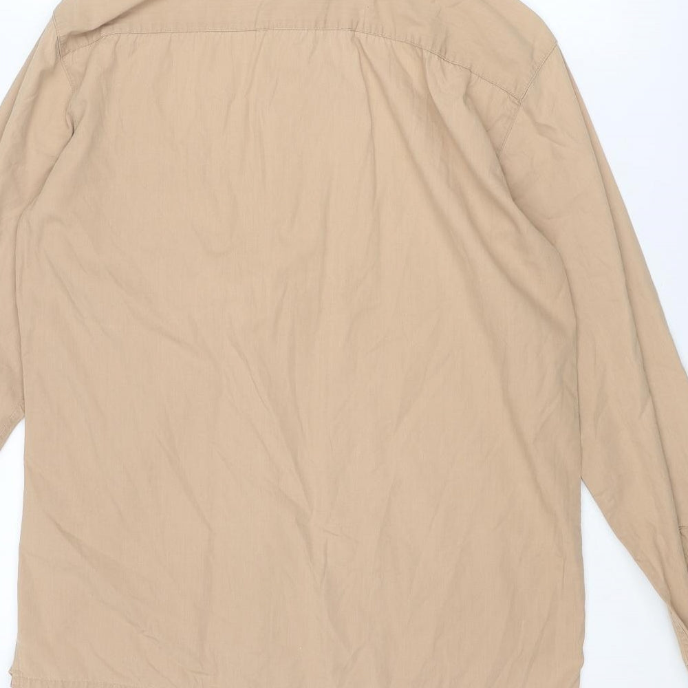 Brand and care label for ESPRIT men’s beige polyester button-up, size M, collared button