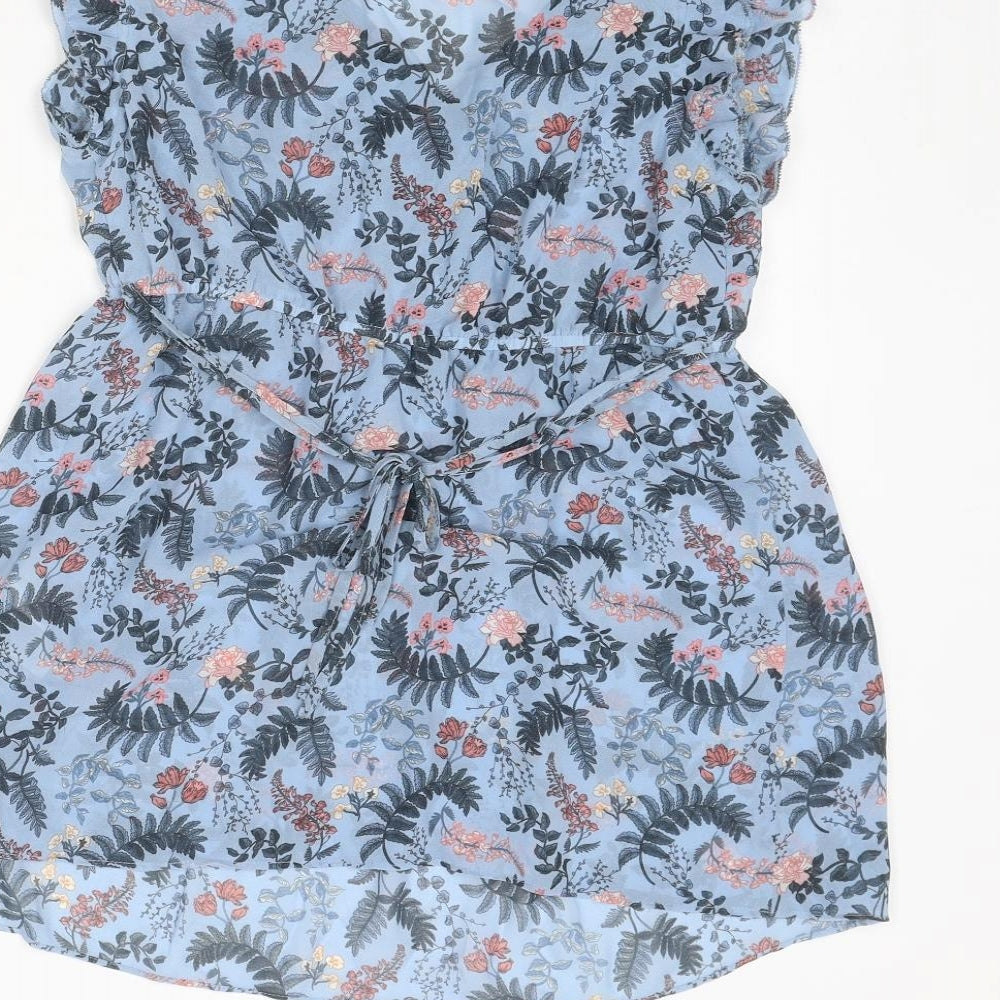 H&M Womens Blue Floral Polyester Basic Blouse Size S V-Neck