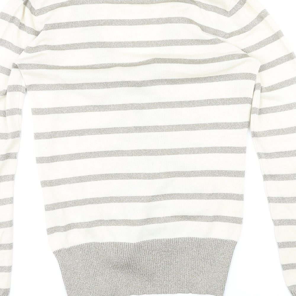 DELMOD Womens Ivory V-Neck Striped Polyester Cardigan Jumper Size 12