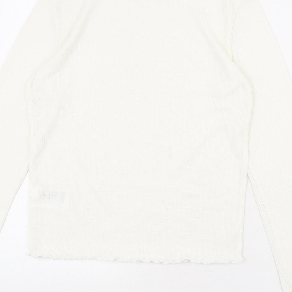 Brand and care label for Divided by H&M women’s ivory polyester basic blouse, size M, mock neck