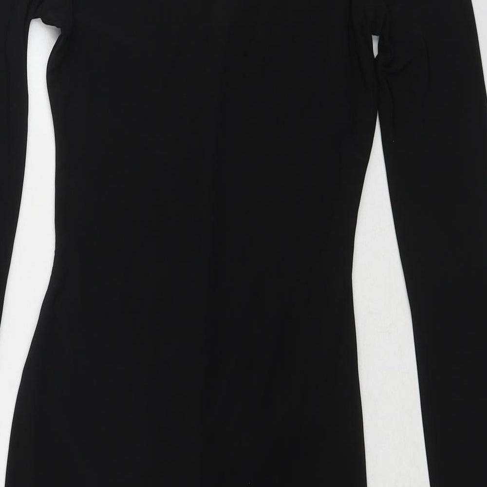 Brand and care label for Missguided women’s black polyester shift, size UK 8, one shoulder pullover - asymmetric neckline