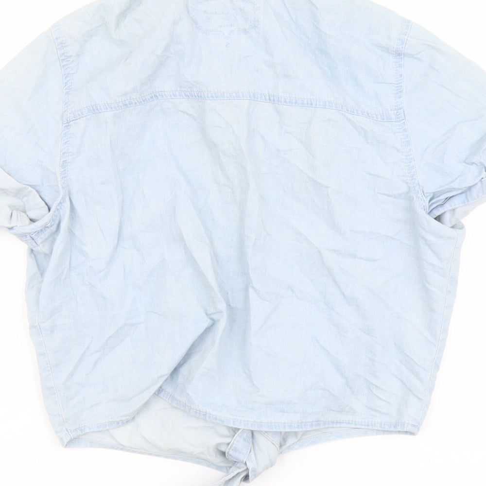 Jennyfer Womens Blue Cotton Cropped Button-Up Size S Collared - Tie Front