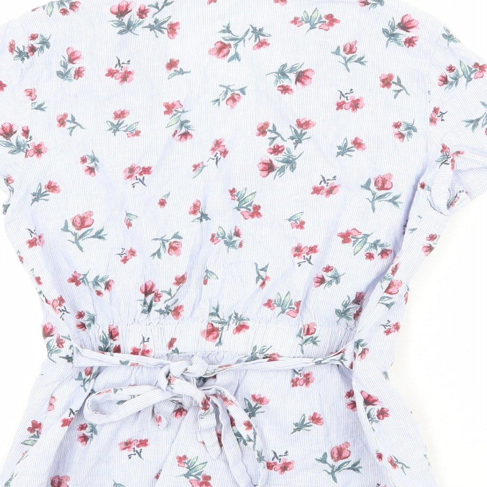 Zara Womens Blue Striped Linen Wrap Blouse Size S Collared - Flower Pattern