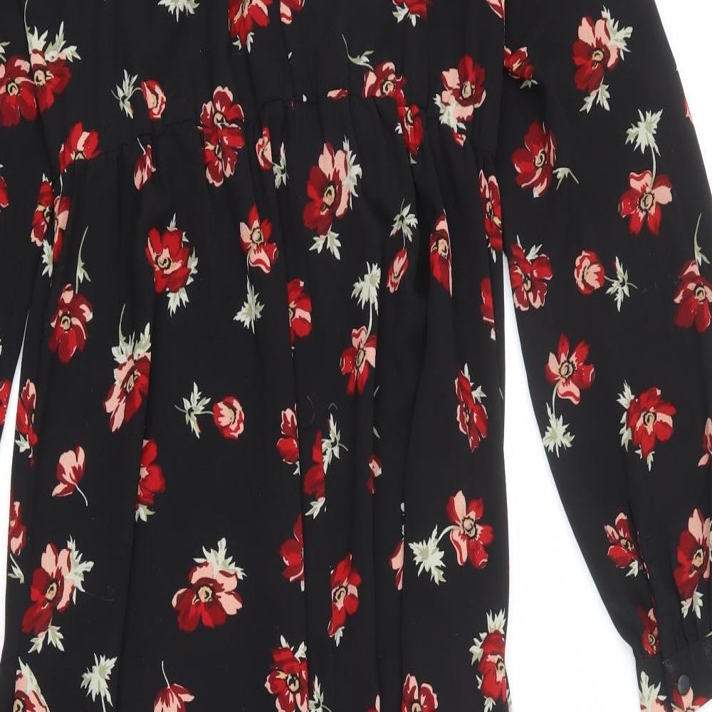Miss Selfridge Womens Black Floral Polyester A-Line Size 10 Round Neck Button