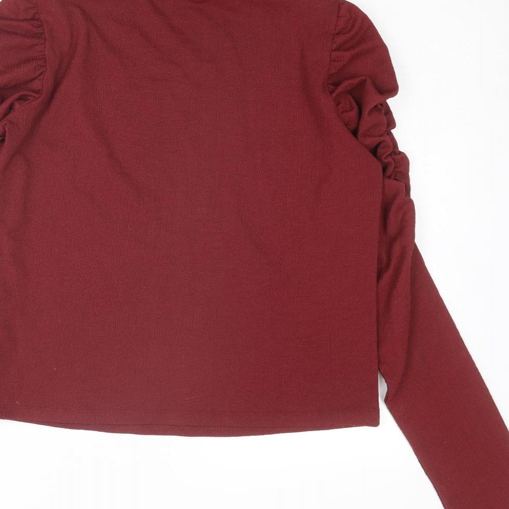 Select Womens Red Polyester Basic T-Shirt Size M Mock Neck - Ruched Sleeves