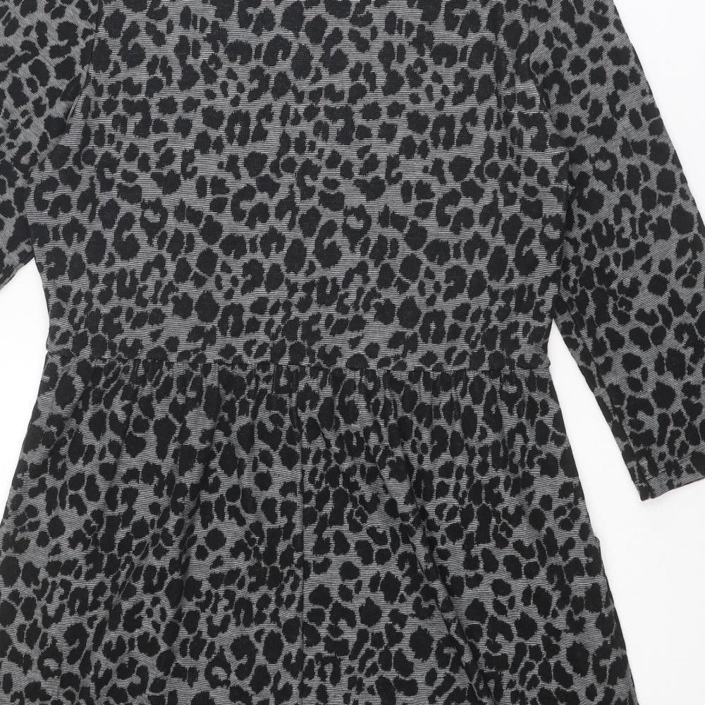 Warehouse Womens Black Animal Print Polyester Shift Size 14 Boat Neck Pullover - Leopard Print