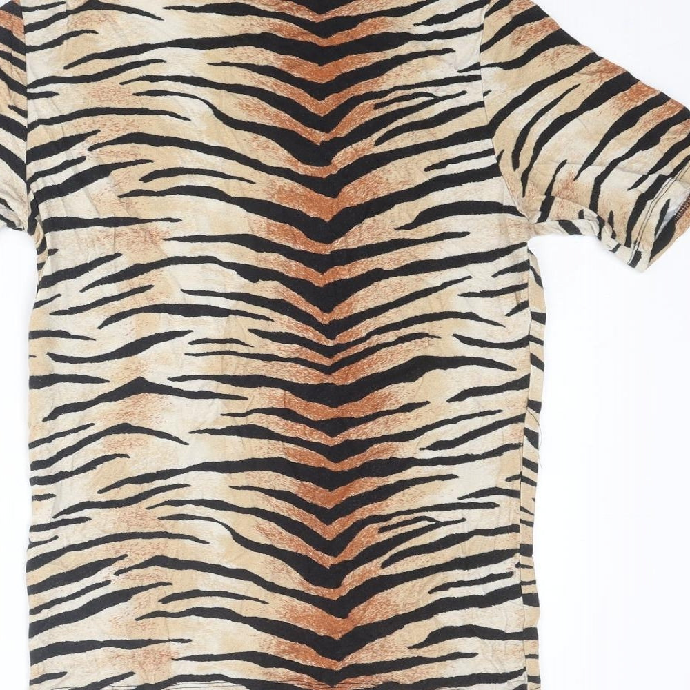 Select Womens Beige Animal Print Viscose Basic T-Shirt Size 14 Mock Neck - Tiger Print