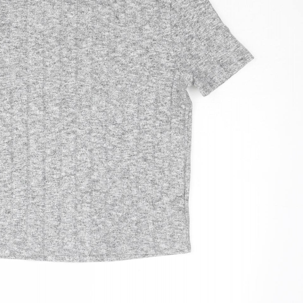 Zara Womens Grey Geometric Polyester Basic T-Shirt Size S Round Neck