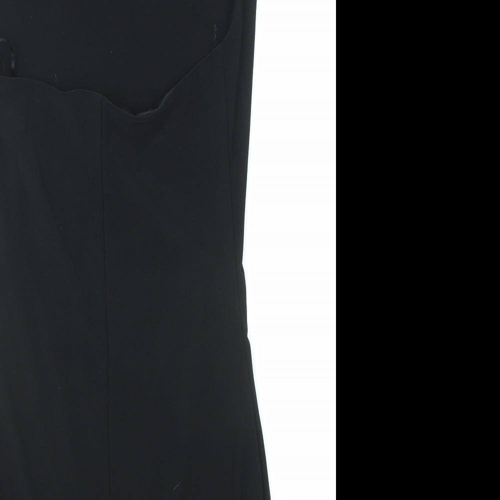 Brand and care label for Miss Selfridge women’s black polyester bodycon, size UK 6, off the shoulder pullover