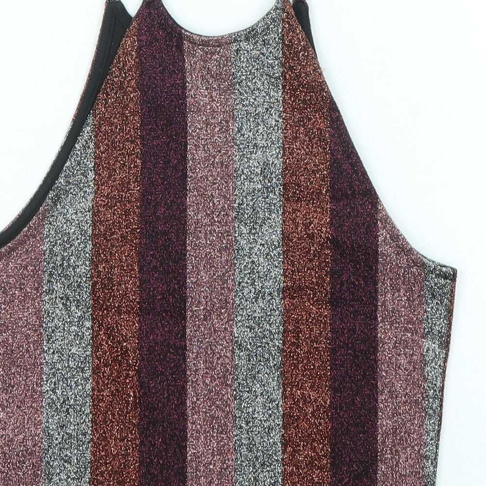 Topshop Womens Multicoloured Striped Polyester Basic Tank Size 6 Round Neck