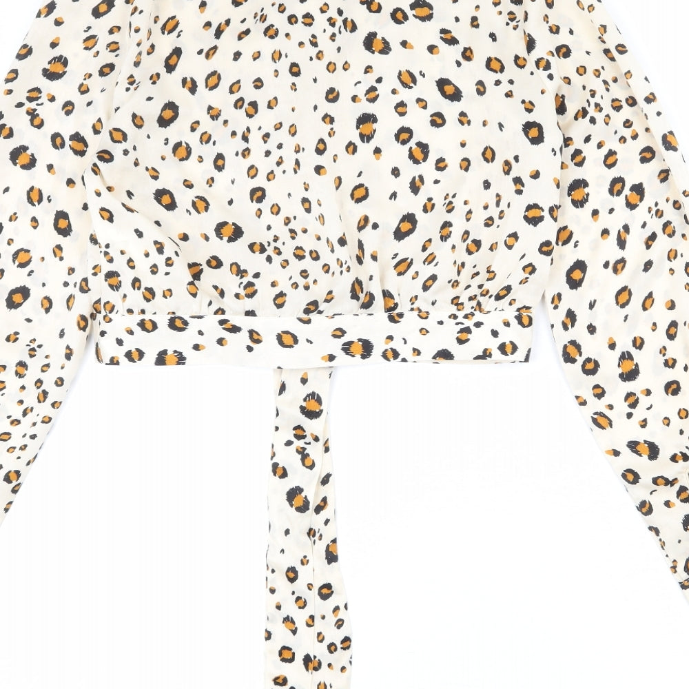 Missguided Womens Beige Animal Print Polyester Basic Button-Up Size 10 V-Neck - Leopard Print