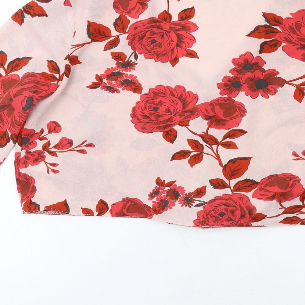 Missguided Womens Pink Floral Polyester Basic Button-Up Size 8 V-Neck - Knot Front