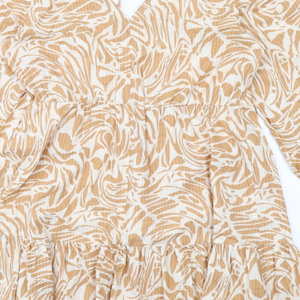 Marks & Spencer Womens Beige Geometric Viscose Skater Dress Size 14 V-Neck Pullover
