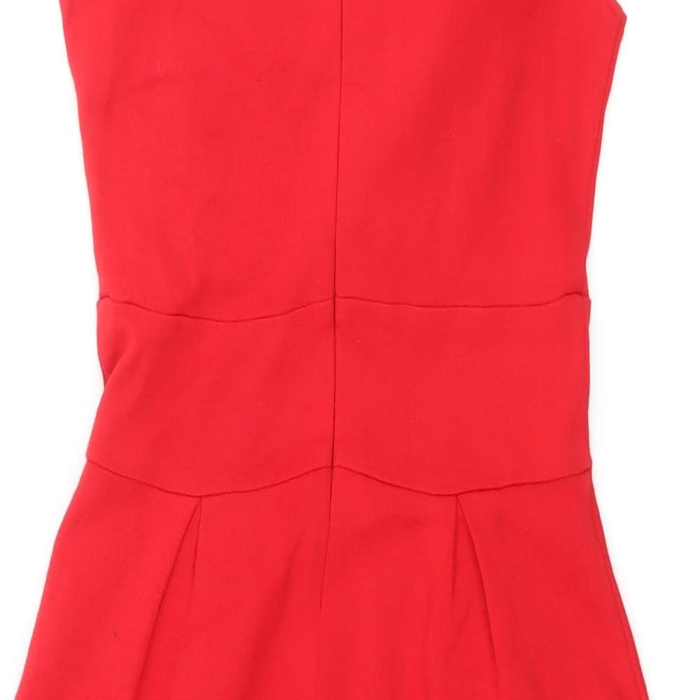 Brand and care label for ASOS women’s red acrylic shift, size UK 10, v-neck zip