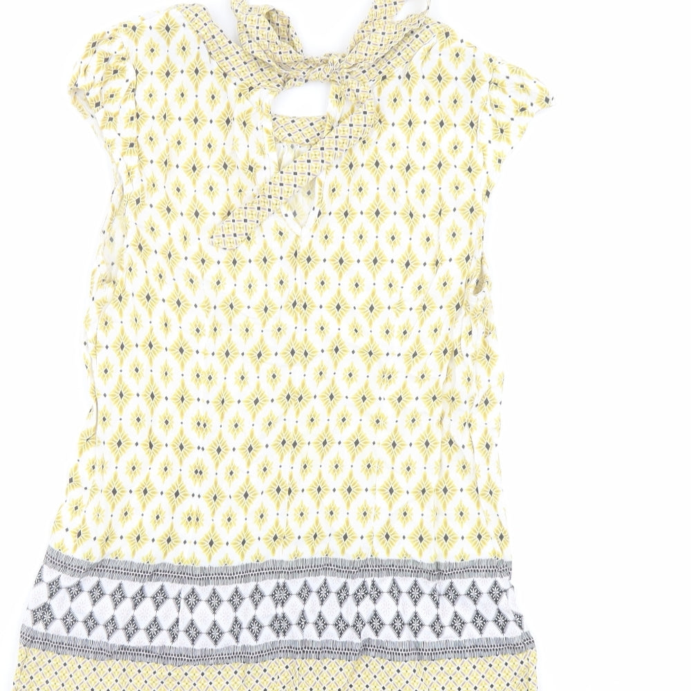Dorothy Perkins Womens Yellow Geometric Viscose Basic Blouse Size 8 Round Neck