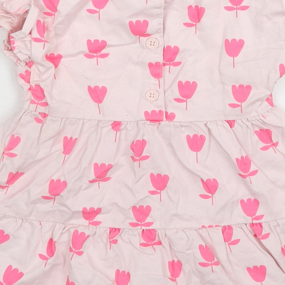 Marks & Spencer Girls Pink Floral Cotton A-Line Size 3-6 Months Round Neck Button