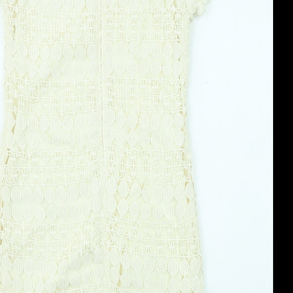 Yumi Womens Beige Geometric Cotton Shift Size M Boat Neck Zip
