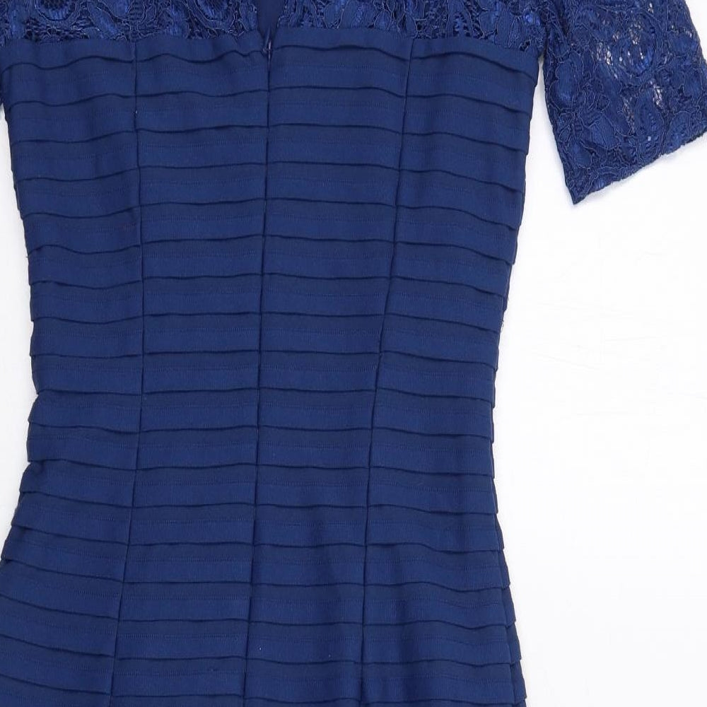 Linea Womens Blue Polyester Shift Size 8 Round Neck Button