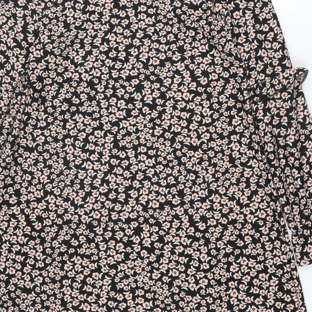 Brand and care label for Miss Selfridge women’s multicoloured floral polyester a-line, size UK 12, square neck pullover