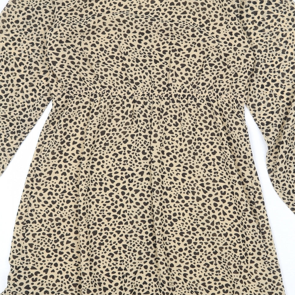 Very Womens Beige Animal Print Polyester A-Line Size 8 V-Neck Button - Leopard pattern