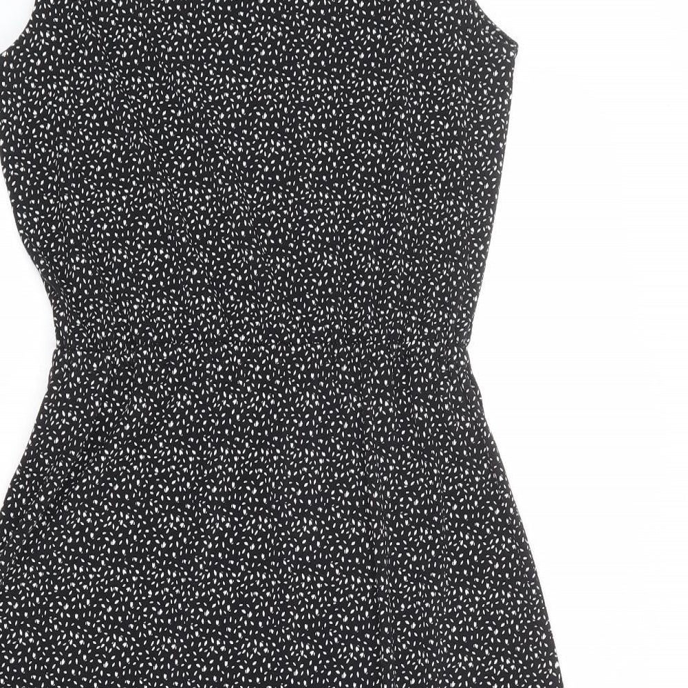 Adrianna Papell Womens Black Geometric Polyester Fit & Flare Size S Mock Neck Button