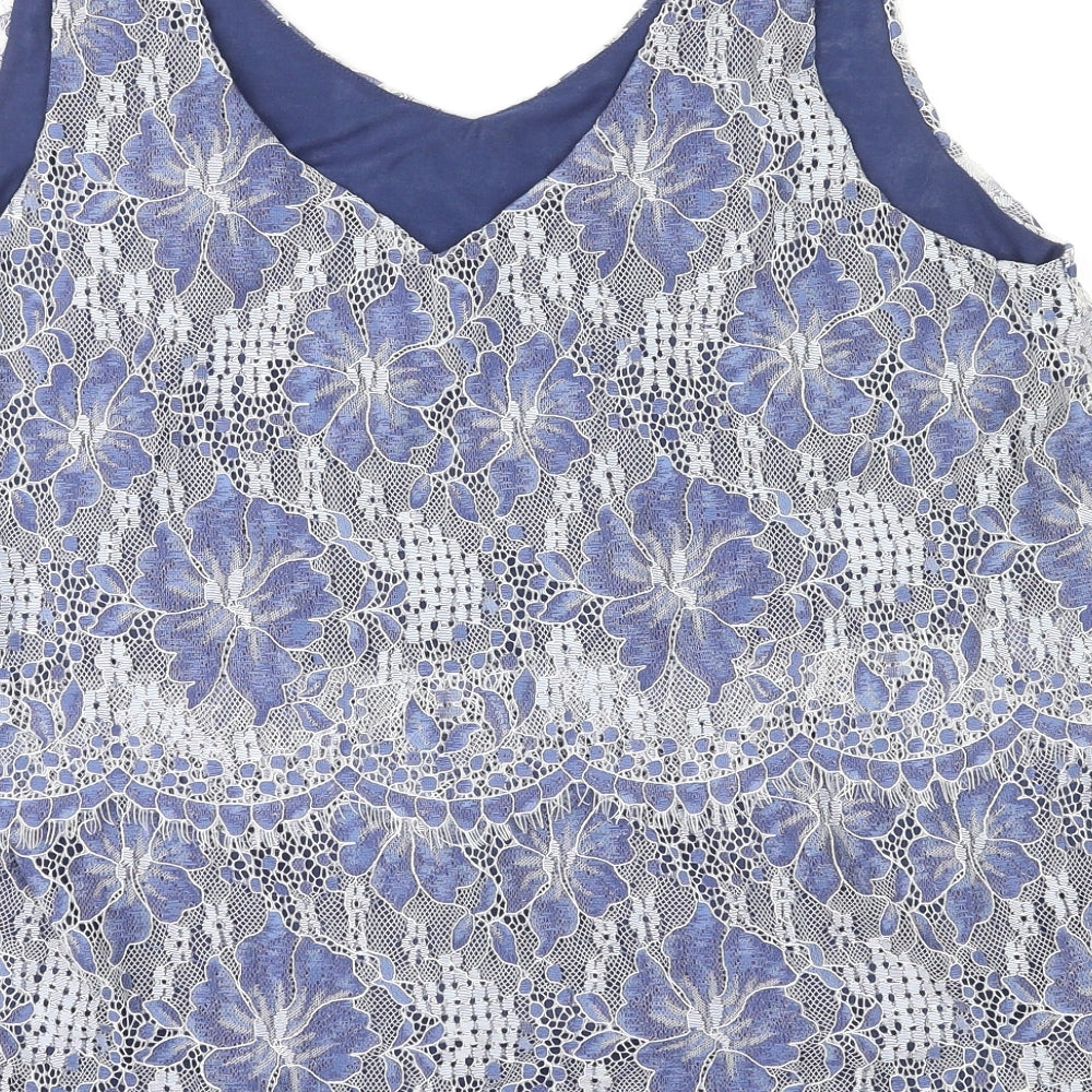 Yessica Womens Blue Floral Nylon Basic Tank Size L V-Neck