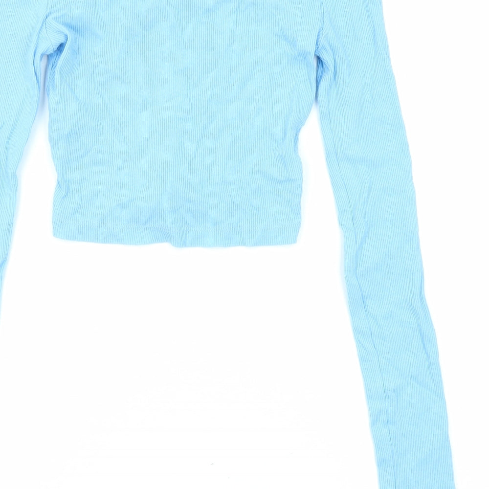PRETTYLITTLETHING Womens Blue Polyester Cropped Blouse Size 4 V-Neck