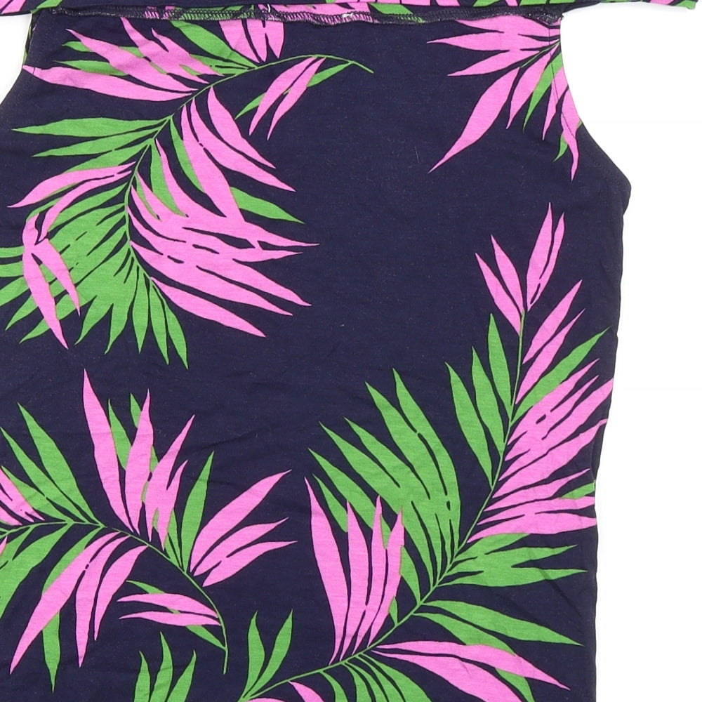 Warehouse Womens Blue Geometric Viscose Basic T-Shirt Size 10 Off the Shoulder - Leaf Print