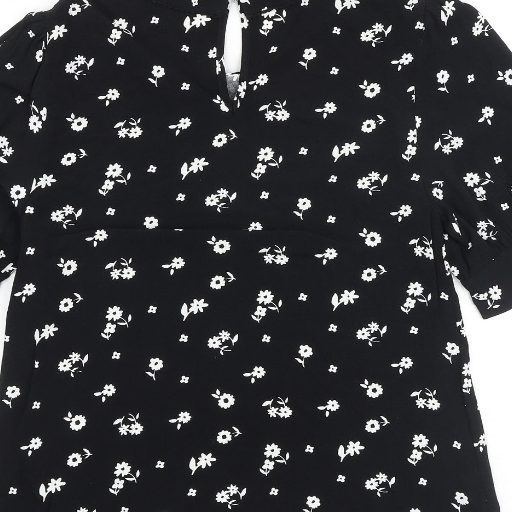 Marks & Spencer Womens Black Floral Viscose Basic Blouse Size 6 Round Neck