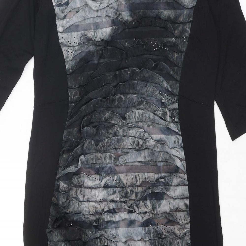 Blue Chameleon Womens Black Geometric Viscose Shift Size 14 Round Neck Pullover