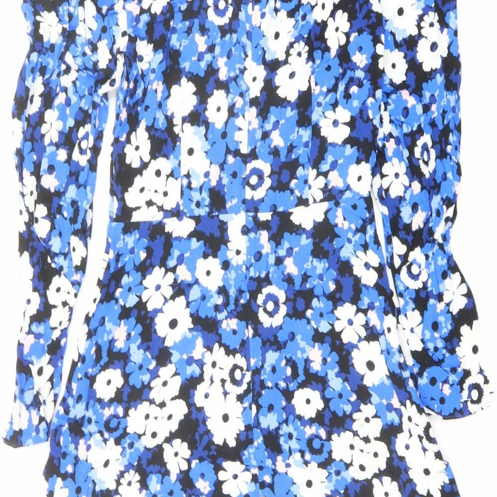 Marks & Spencer Womens Blue Floral Viscose A-Line Size 6 Round Neck Zip