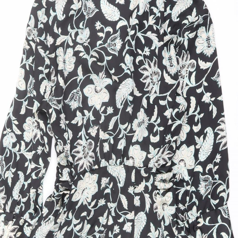 Zara Womens Black Floral Polyester A-Line Size XS Collared Button