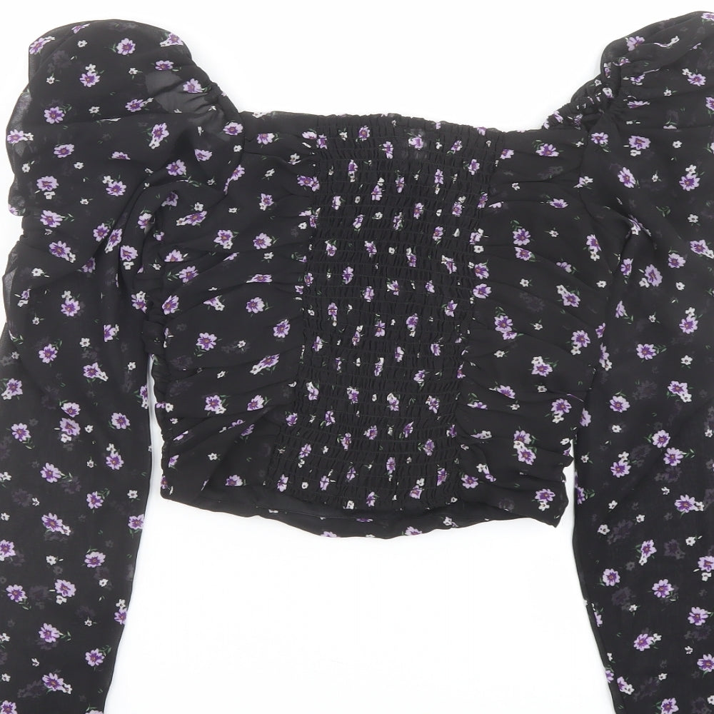 H&M Womens Black Floral Polyester Cropped Blouse Size 4 Square Neck - Ruched Sleeves