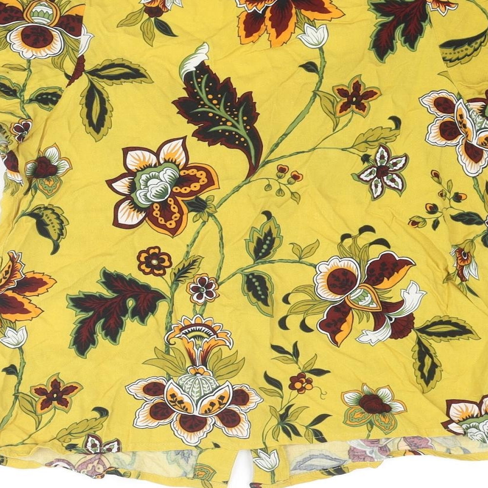 Warehouse Womens Yellow Floral Viscose Basic Blouse Size 8 V-Neck