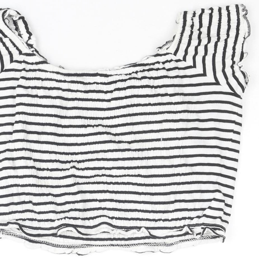 New Look Womens White Striped Cotton Cropped T-Shirt Size 14 Boat Neck