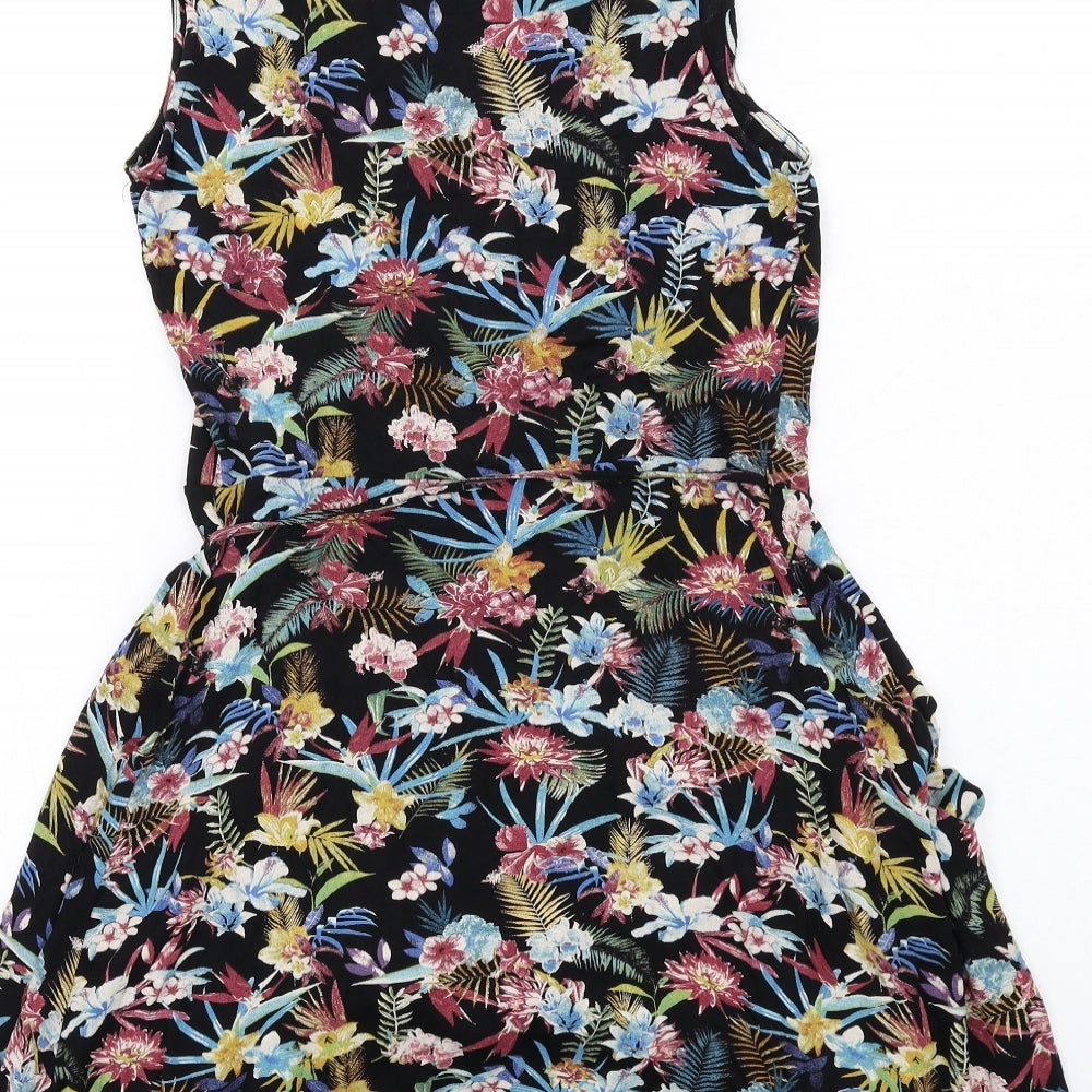 Mango Womens Multicoloured Floral Viscose A-Line Size S V-Neck Tie