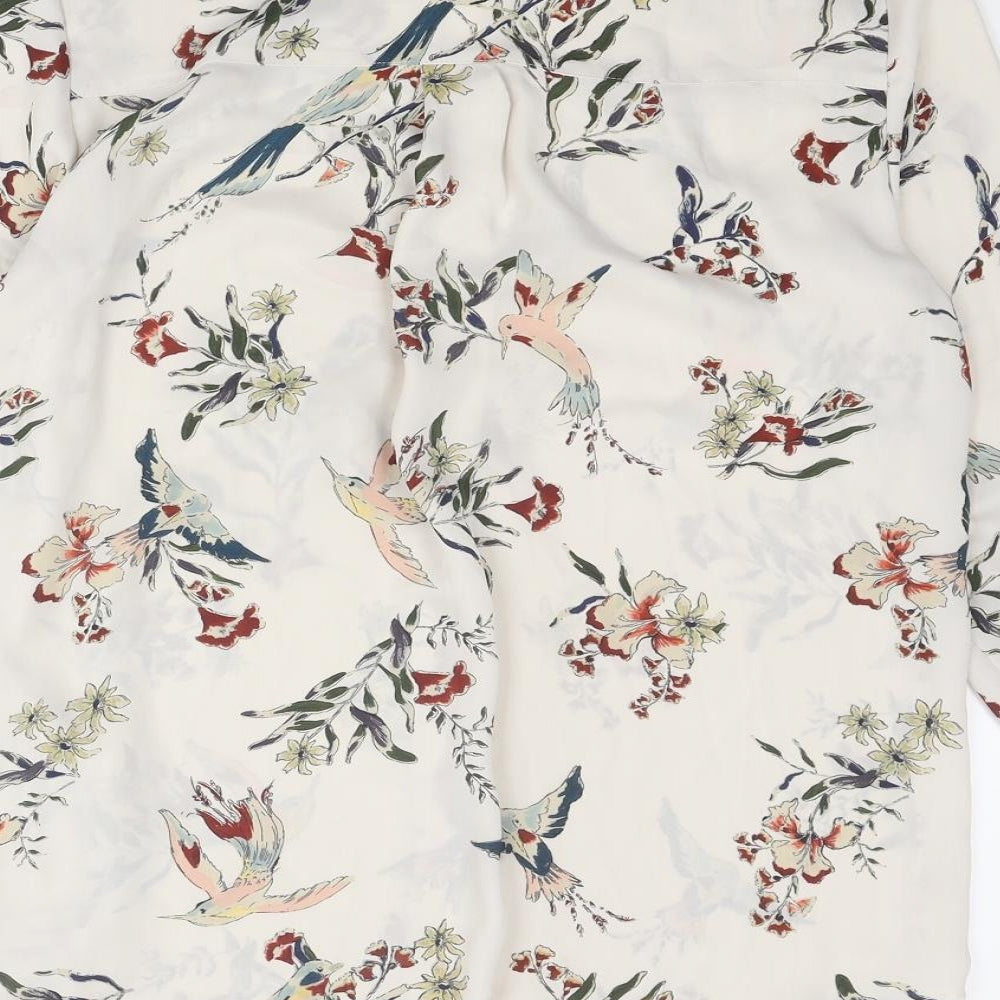 H&M Womens Ivory Floral Polyester Basic Button-Up Size 6 Collared - Bird Print