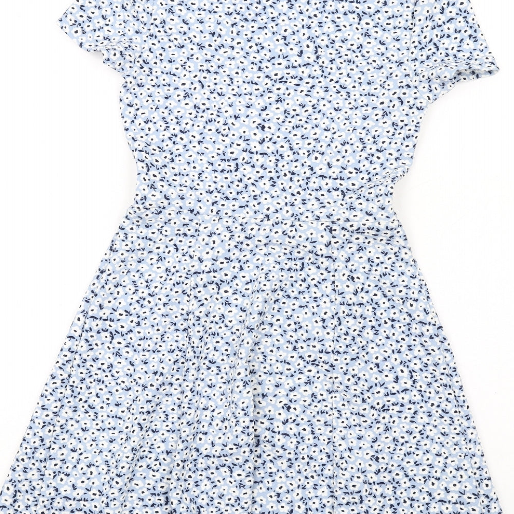 H&M Womens Blue Floral Polyester Skater Dress Size 6 Round Neck Pullover